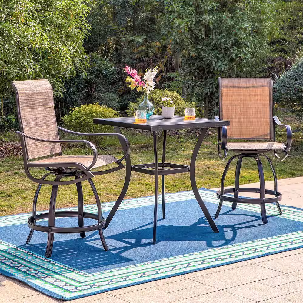 None Black 3-Piece Metal Square Outdoor Bistro Patio Bar Set with Slat Bar Table and Swivel Bistro Chairs