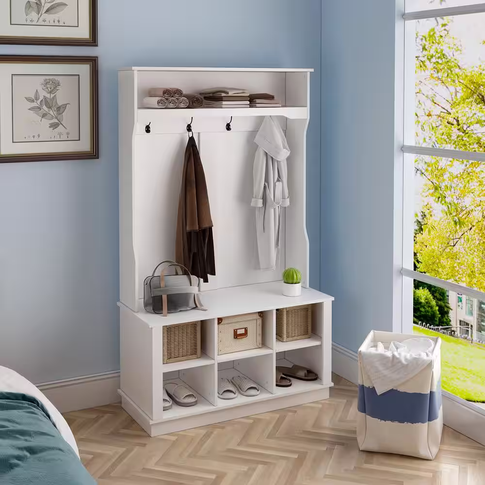 None White Painted Hall Tree with Bench and Storage Cubbies
