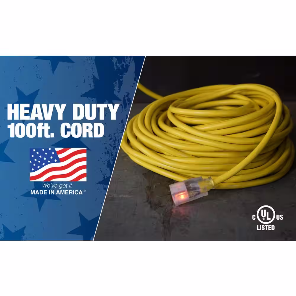 Southwire 100 ft. 12/3 SJEOW Outdoor Heavy-Duty T-Prene Extension Cord with Power Light Plug