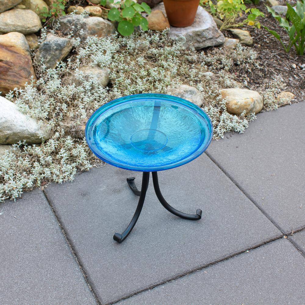 ACHLA DESIGNS 14 in. Dia Round Teal Blue Crackle Glass Birdbath with Black Wrought Iron Tripod Stand