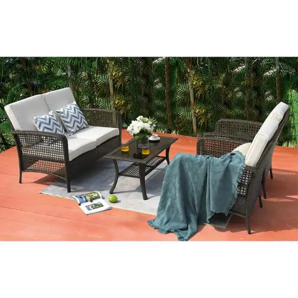 Nuu Garden Rattan 4-Piece Outdoor Wicker Sofa Set Patio Conversation set with Beige Cushions