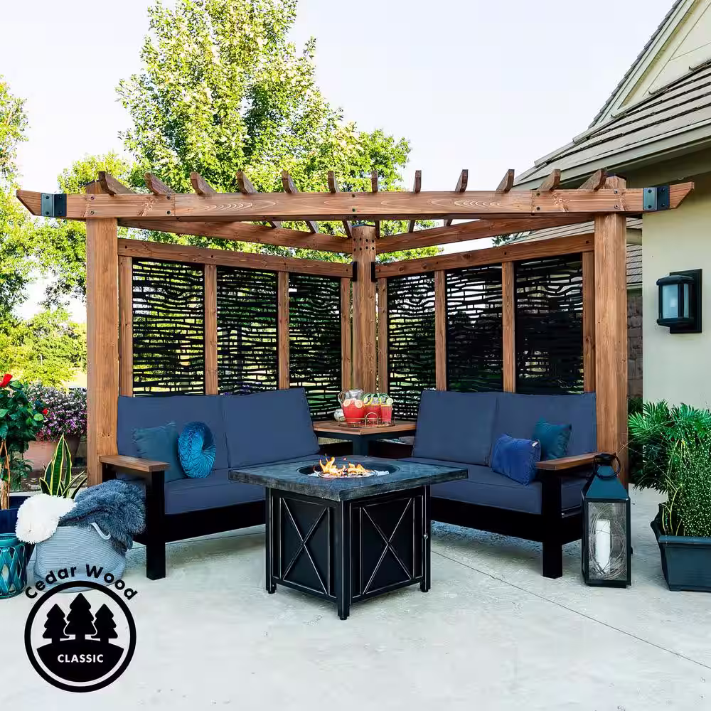 Backyard Discovery Tuscany 9 ft. x 9 ft. Light Brown Wooden Cabana Pergola with Bamboo Privacy Panels and Indigo Conversation Seating