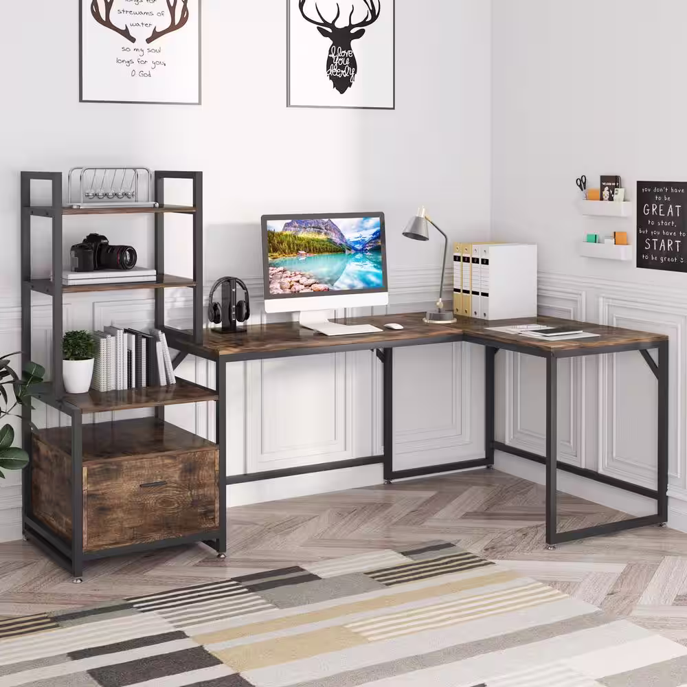 Tribesigns Lantz 85 in. Vintage Brown Wood L-Shaped Computer Desk Corner Desk with 3-Tier Storage Bookshelves and File Cabinet