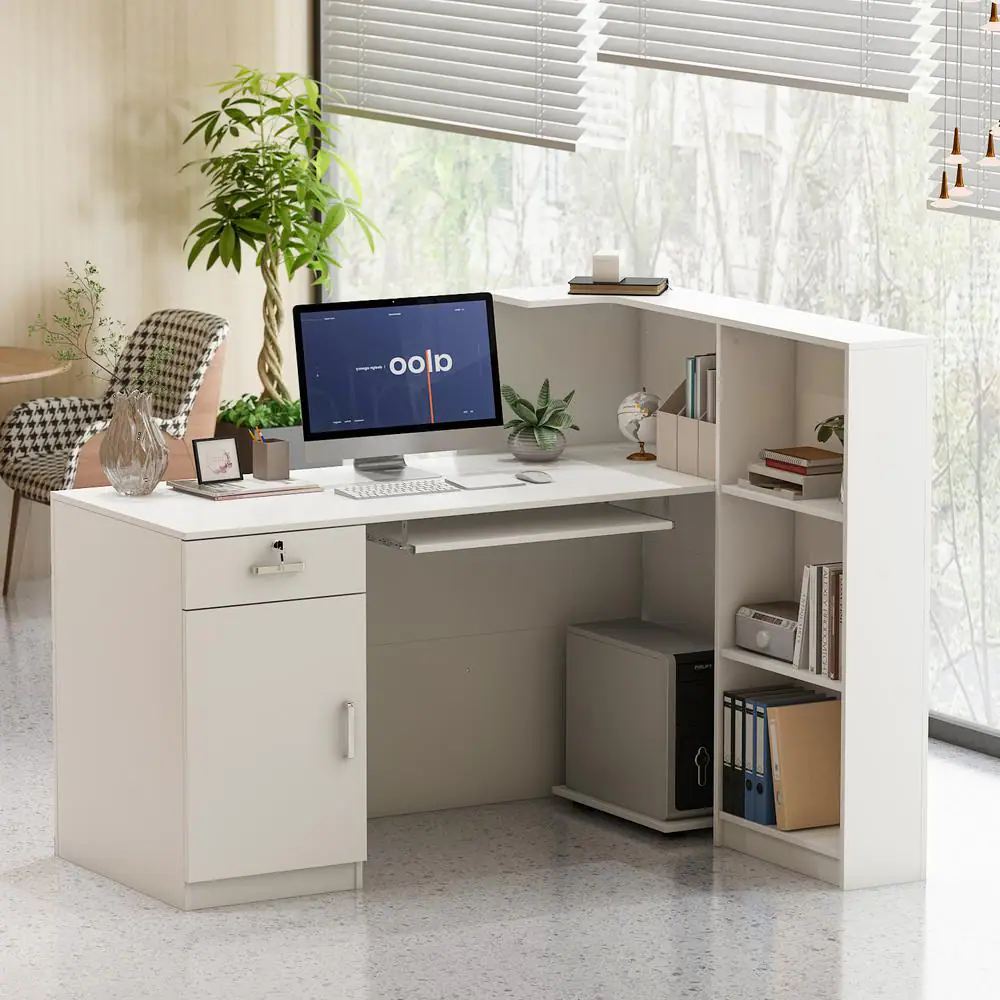 None 55.1 in. W -43.3 in. H White MDF L-Shaped Computer Desk with a Desktop 3-Storage Shelves 1-Drawer and 1-Cabinet