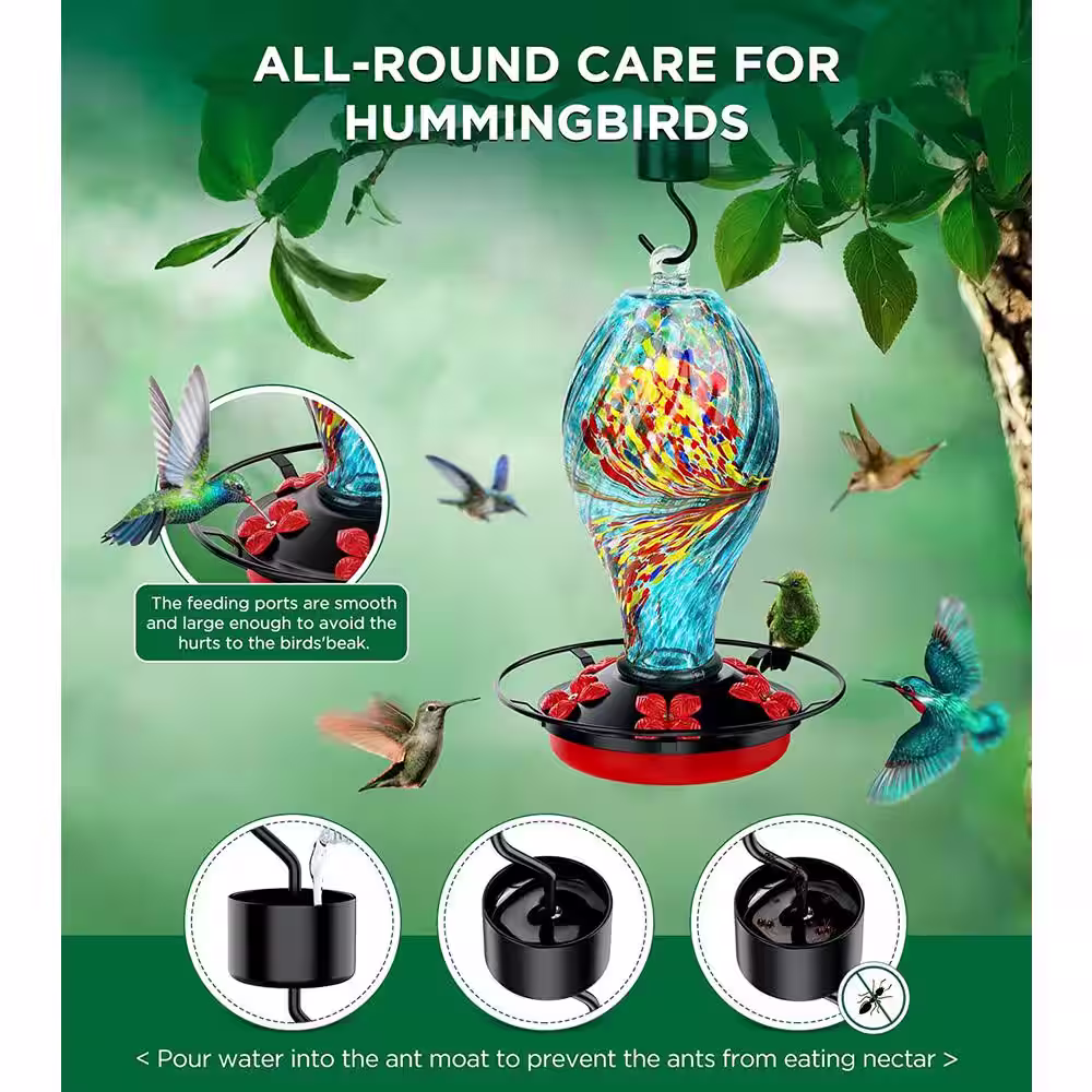None 30 oz. Leakproof Humming Bird Feeder, Hand Blown Glass Hummingbird Feeder With Rustproof Base and Ant Moat