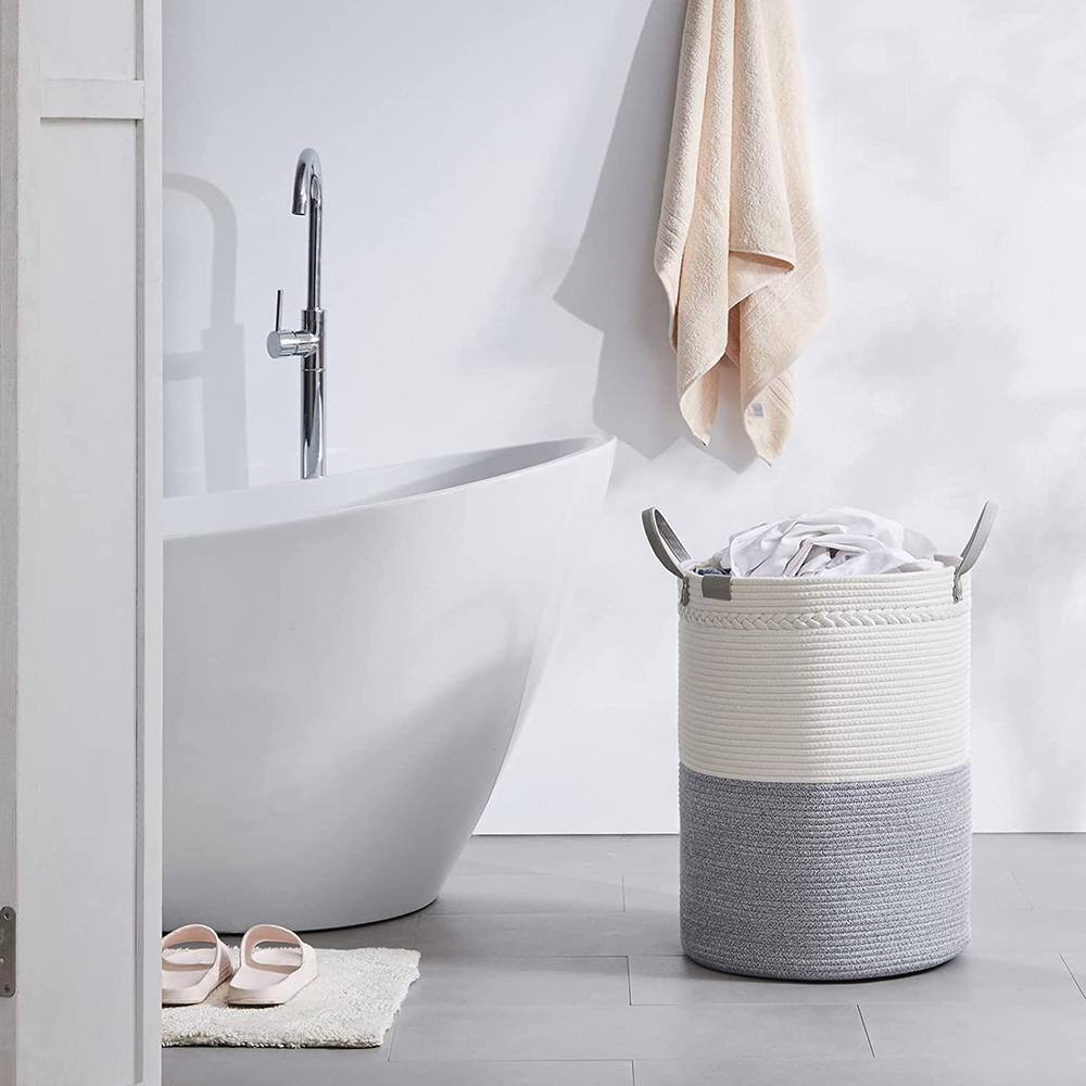 None 72L Cotton Laundry Basket Hamper White and Gray
