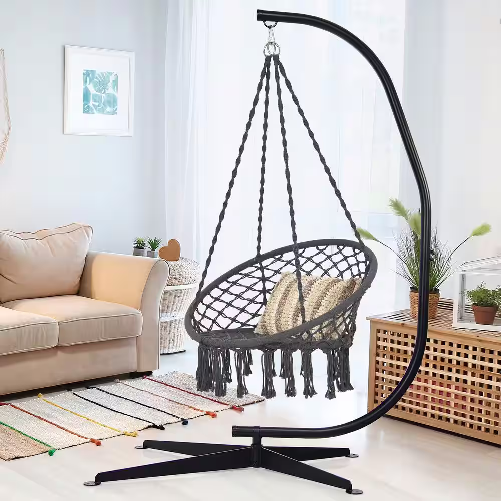 Alpulon 7 ft. Metal Frame C Shape Hanging Hammock Stand in Black