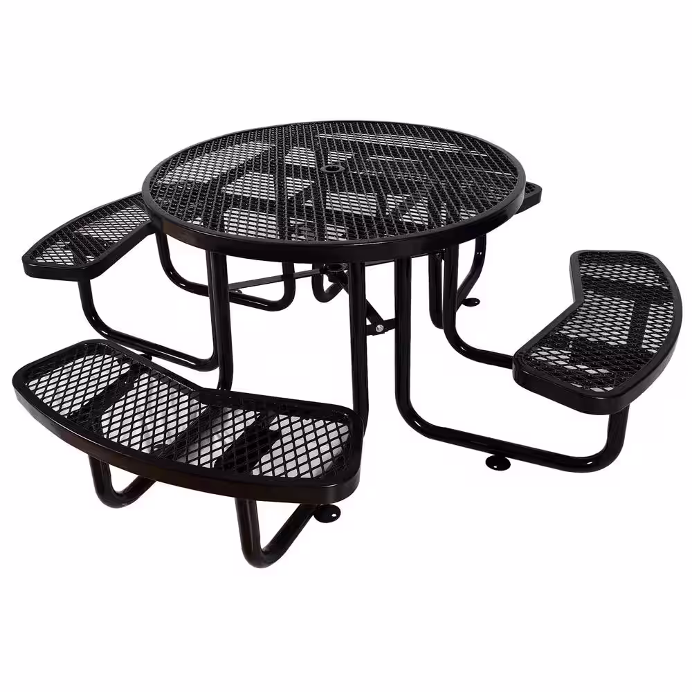 None 46 in. Black Round Steel Picnic Table Seats 8-People with Umbrella Hole