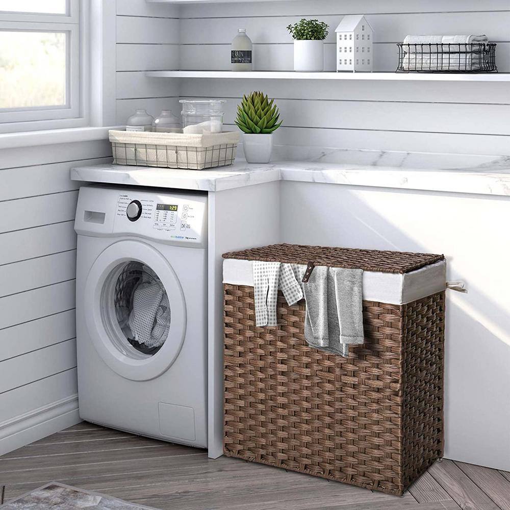 None 110L Rattan Laundry Basket Hamper with 2 Removable Liner Bags Brown