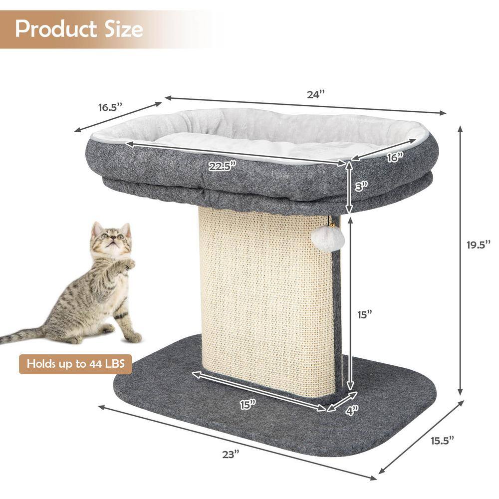 ANGELES HOME Gray Wood Modern Cat Tree Tower with Large Plush Perch and Sisal Scratching Plate