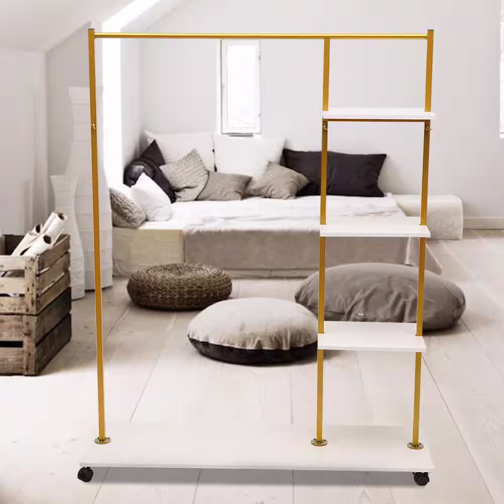 None Gold Metal Clothes Rack Home Storage Garment Stand with 4-Tier Shelves & Universal wheel 47 in. W x 59 in. H