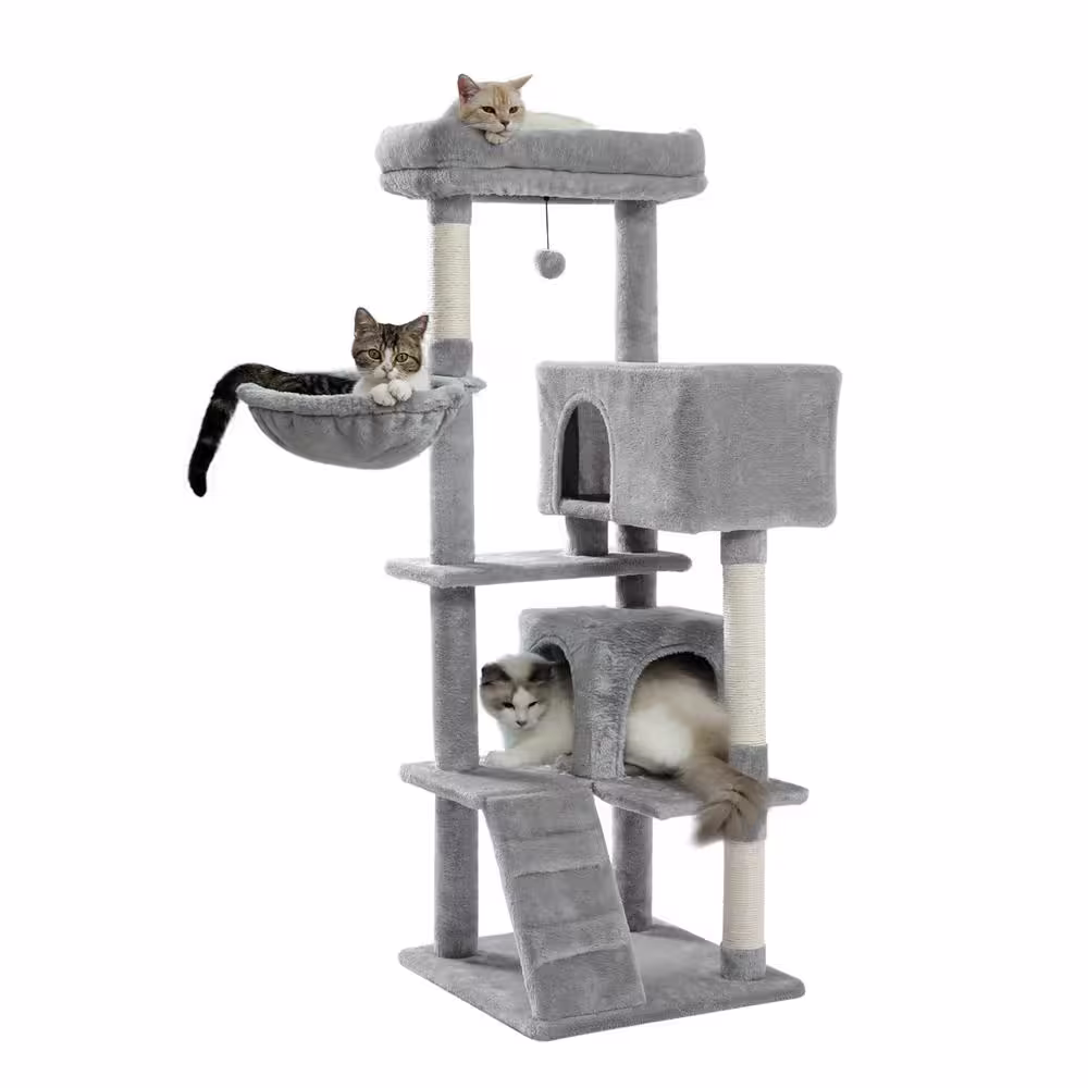 Foobrues 56.30 in. H Pet Cat Scratching Posts and Trees with Super Large Perch Double Condo Hammock in Gray