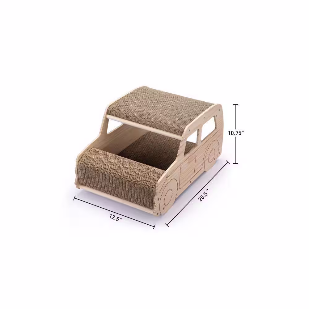 None 2-in-1 Wood Corrugate Cat Scratcher, Cardboard Cat House, Reversible Car-Shaped Scratch Furniture Protector