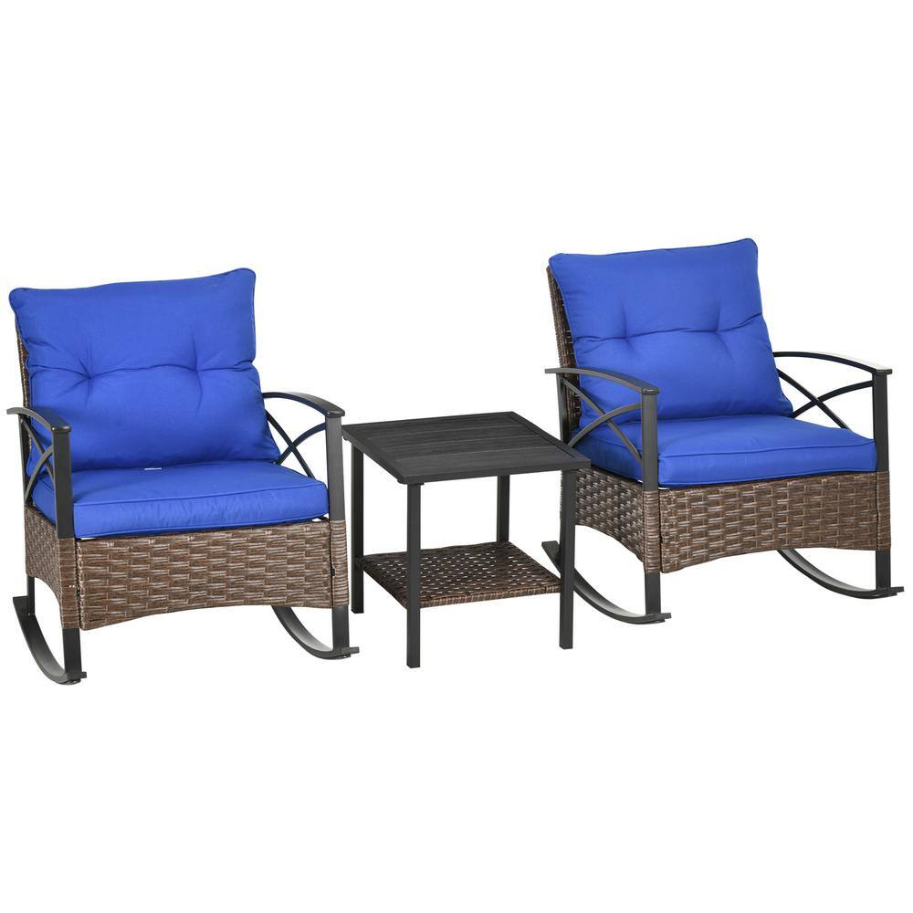 Outsunny 3-Piece Rocking Wicker Outdoor Bistro Set, Outdoor Patio Furniture Set with 2 Porch Rocker Chairs, Cushions in Dark Blue