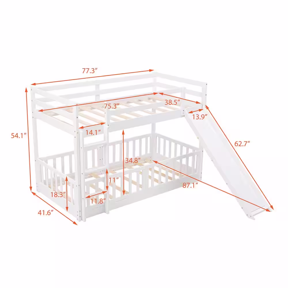Harper & Bright Designs White Twin Over Twin Wood Bunk Bed with Slide and Ladder