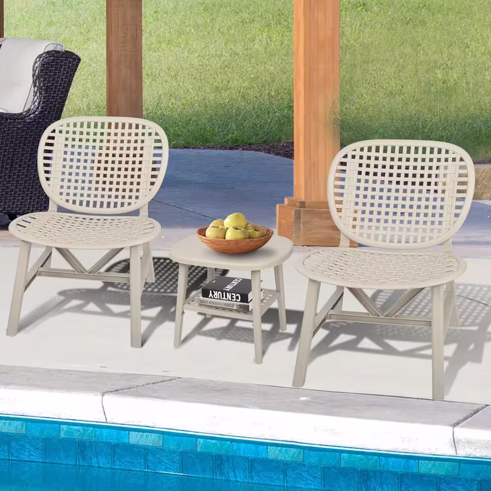 None White 3-Pieces Hollow Design Plastic Patio Conversation Bistro Set with Open Shelf and Lounge Chairs with Widened Seat