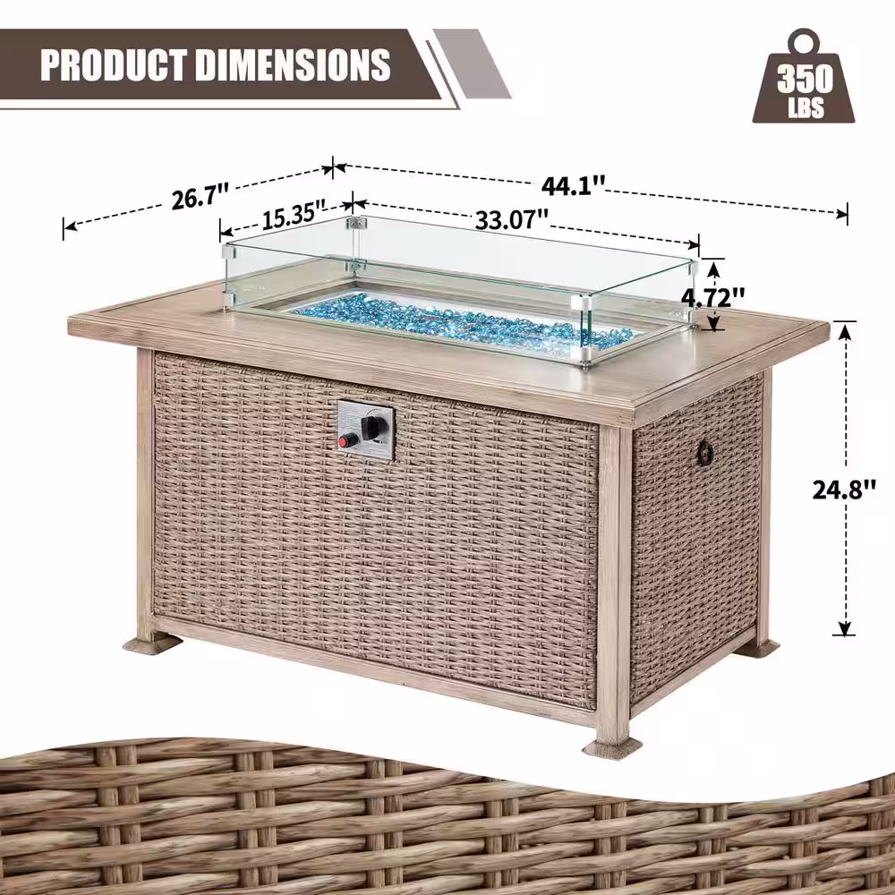 None Gray 44 in. Propane Wicker Outdoor Fire Pit Table Fire Table with Glass Wind Guard
