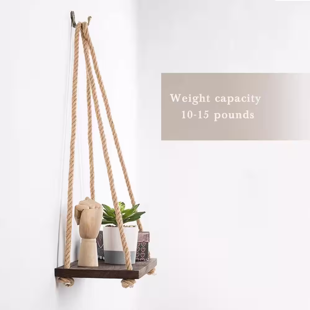None Brown Hanging Shelves, Wood Floating Wall Shelves Rustic Hanging Swing Rope Shelves (Set of 4)