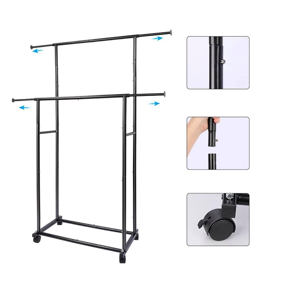 None Black Metal Garment Clothes Rack Double Rod 48 in. W x 65 in. H