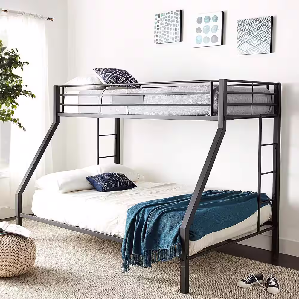 None Modern Black XL Twin Over Queen Bunk Bed, Sturdy Metal Bunk Bed Frame with 2 Ladders, Safety Rails and Metal Slats