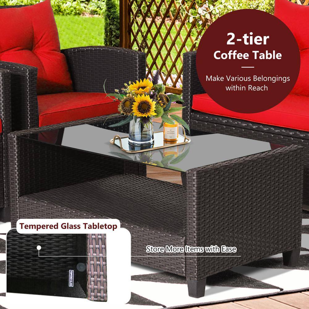 None 4-Piece Wicker Patio Conversation Set Chair Coffee Table Classic Furniture Set with Red Cushions