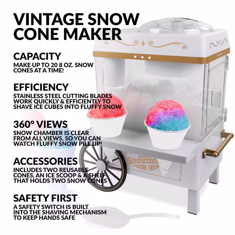 Nostalgia 160 oz. White Snow Cone Machine with 2 Cones and Ice Scoop