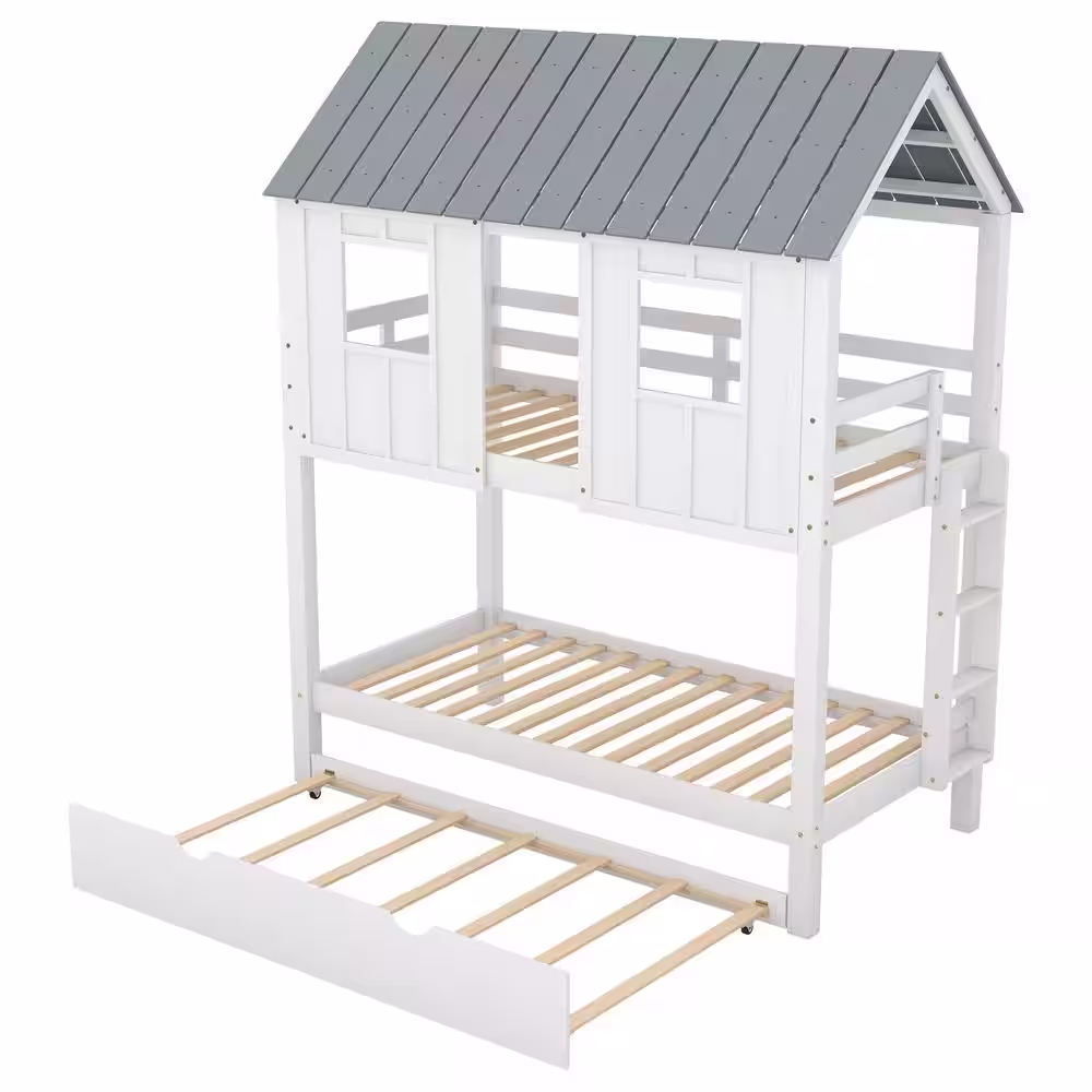 Harper & Bright Designs White Twin over Twin Wood House Bunk Bed with Trundle, Ladder, Roof and Windows