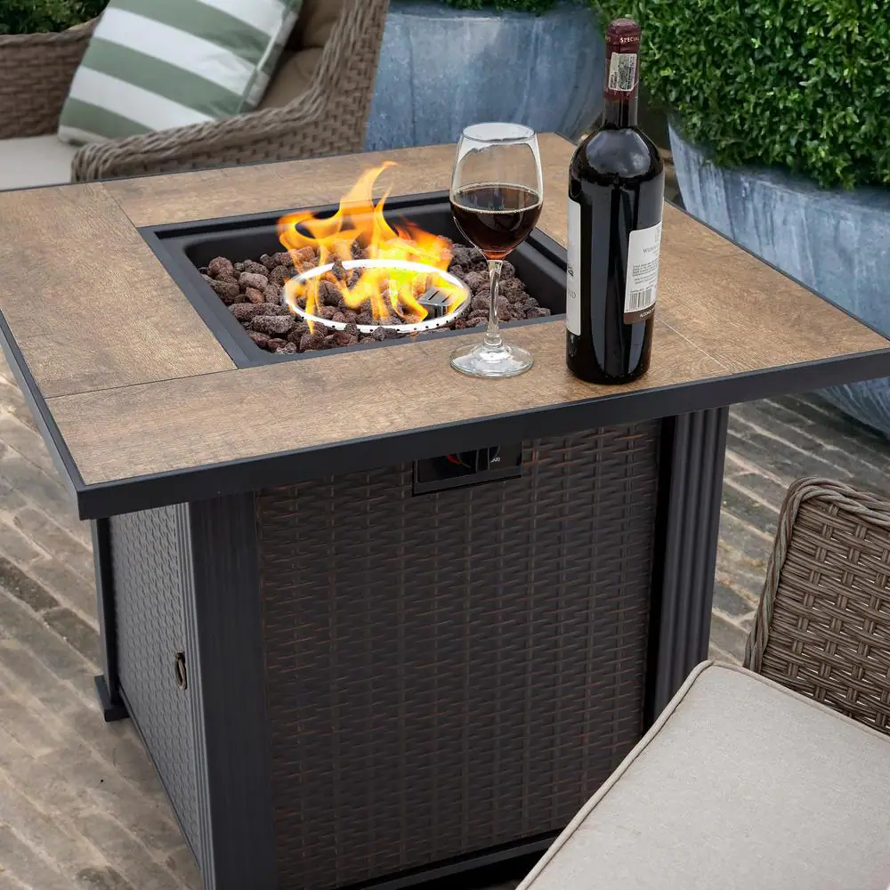 Nuu Garden 40,000 BTU 30 in. x 24 in. Square Wicker-like Iron Propane Gas Fire Pit Table with Cover, Ceramic Top and Lava Rocks