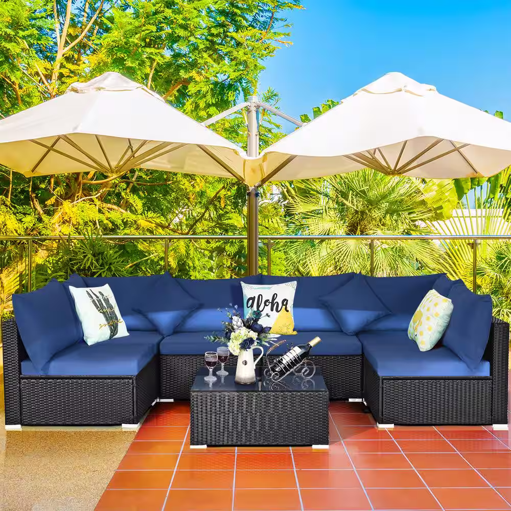 Costway 7-Piece Wicker Patio Conversation Set with Navy Cushions and Table