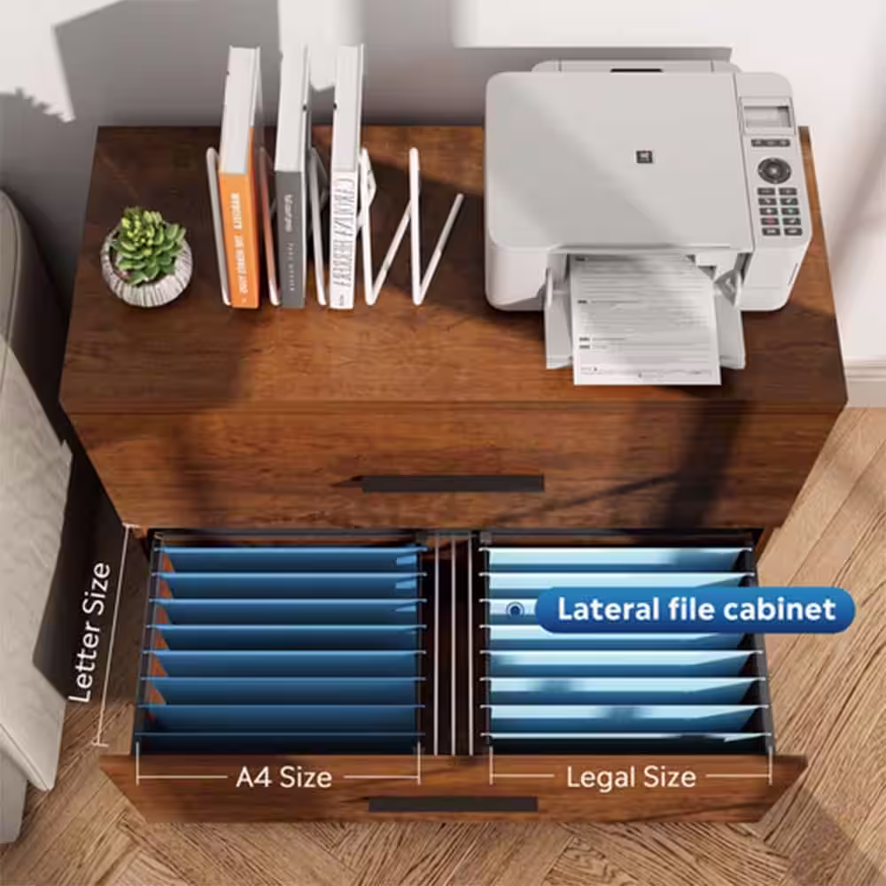 None Brown 2 Drawer Wood Lateral File Cabinet with Anti-tilt Mechanism, Storage Filing Cabinet for Home Office