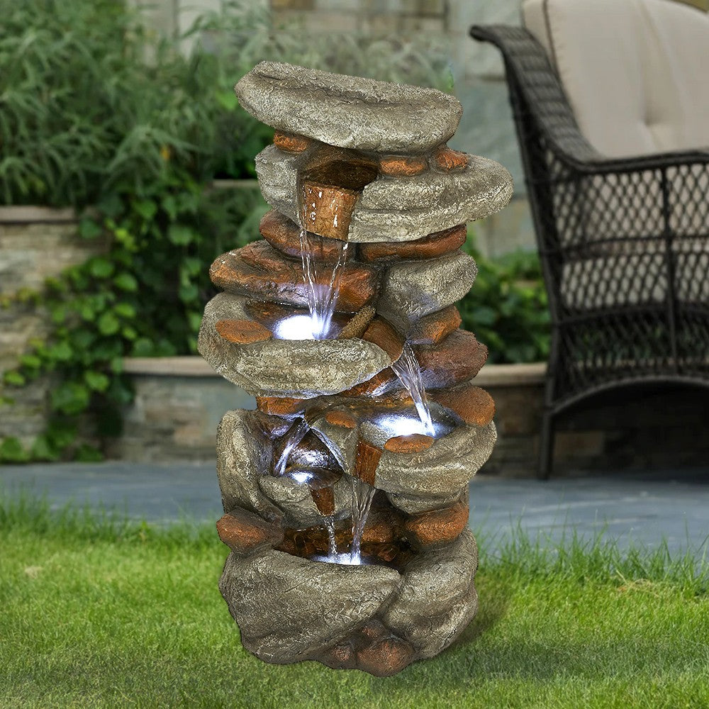 Watnature 4-Tier Rock Water Fountain with LED Lights - Outdoor Water Fountains Cascading Floor Water Feature Art Decor for Garden, Pation, Deck, Porch