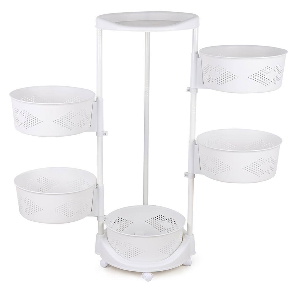 None White Rolling 5-Tier PP Carbon Steel Storage Basket Shelving Unit (14.3 in. W x 36.2 in. H x 14.3 in. D)