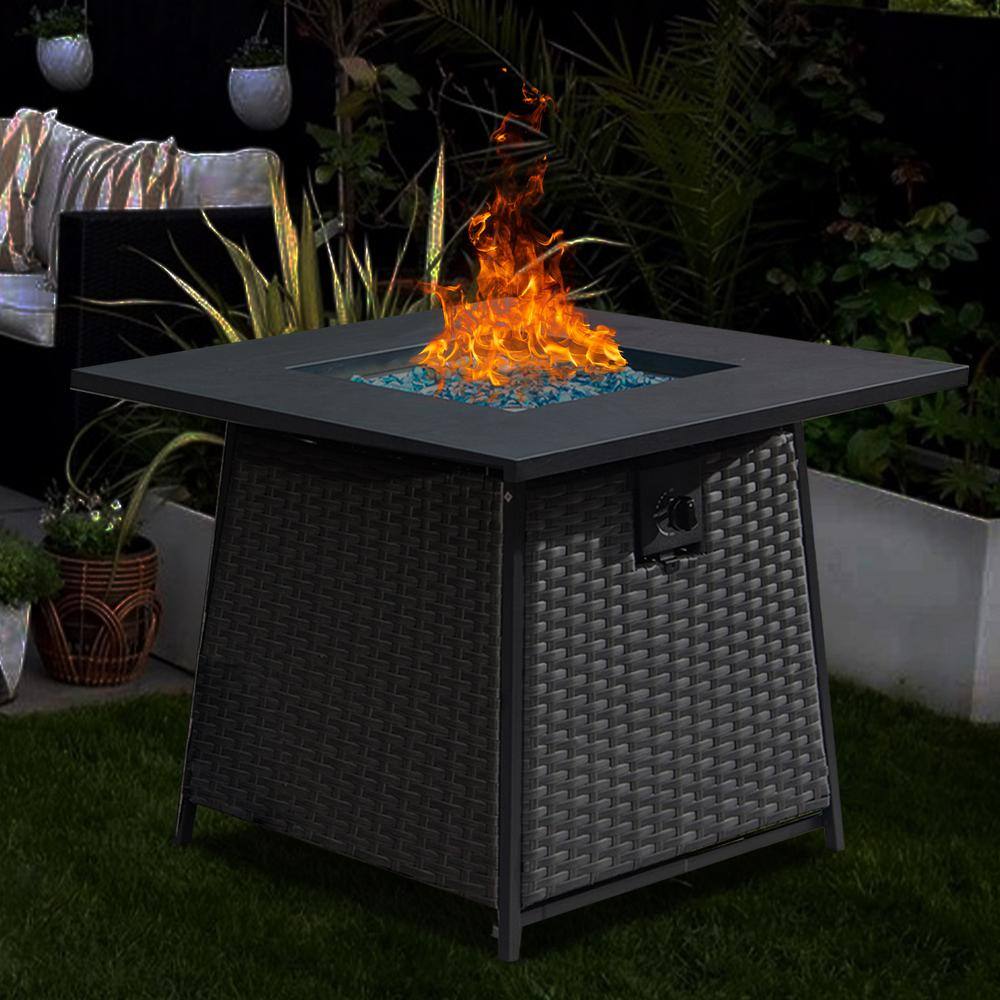 SUNRINX Dark Gray Square Metal 32 in. Propane Fire Pit Table with Blue Glass Ball and ETL-Certified