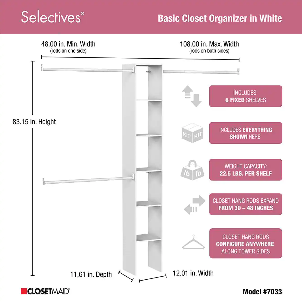 ClosetMaid Selectives 12 in. W White Custom Tower Wall Mount 6-Shelf Wood Closet System