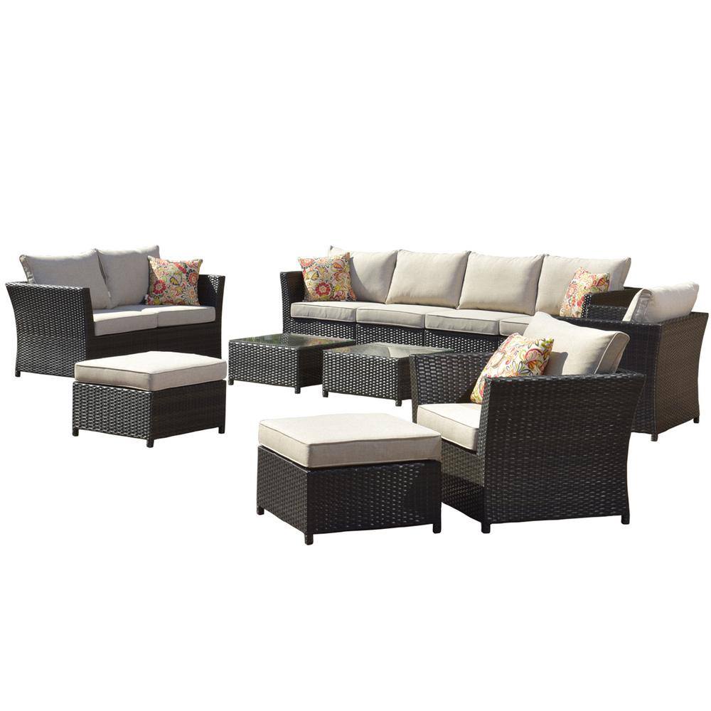 HOOOWOOO Mesa Brown 12-Piece No Assembly Wicker Outdoor Patio Conversation Sofa Set with Beige Cushions