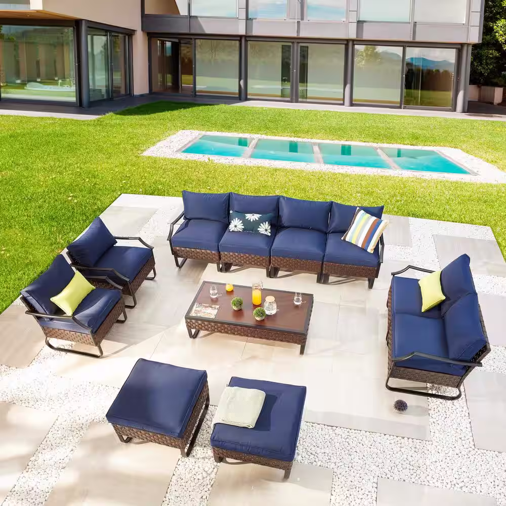 Patio Festival U-Leg 9-Piece Wicker Patio Conversation Set with Blue Cushions