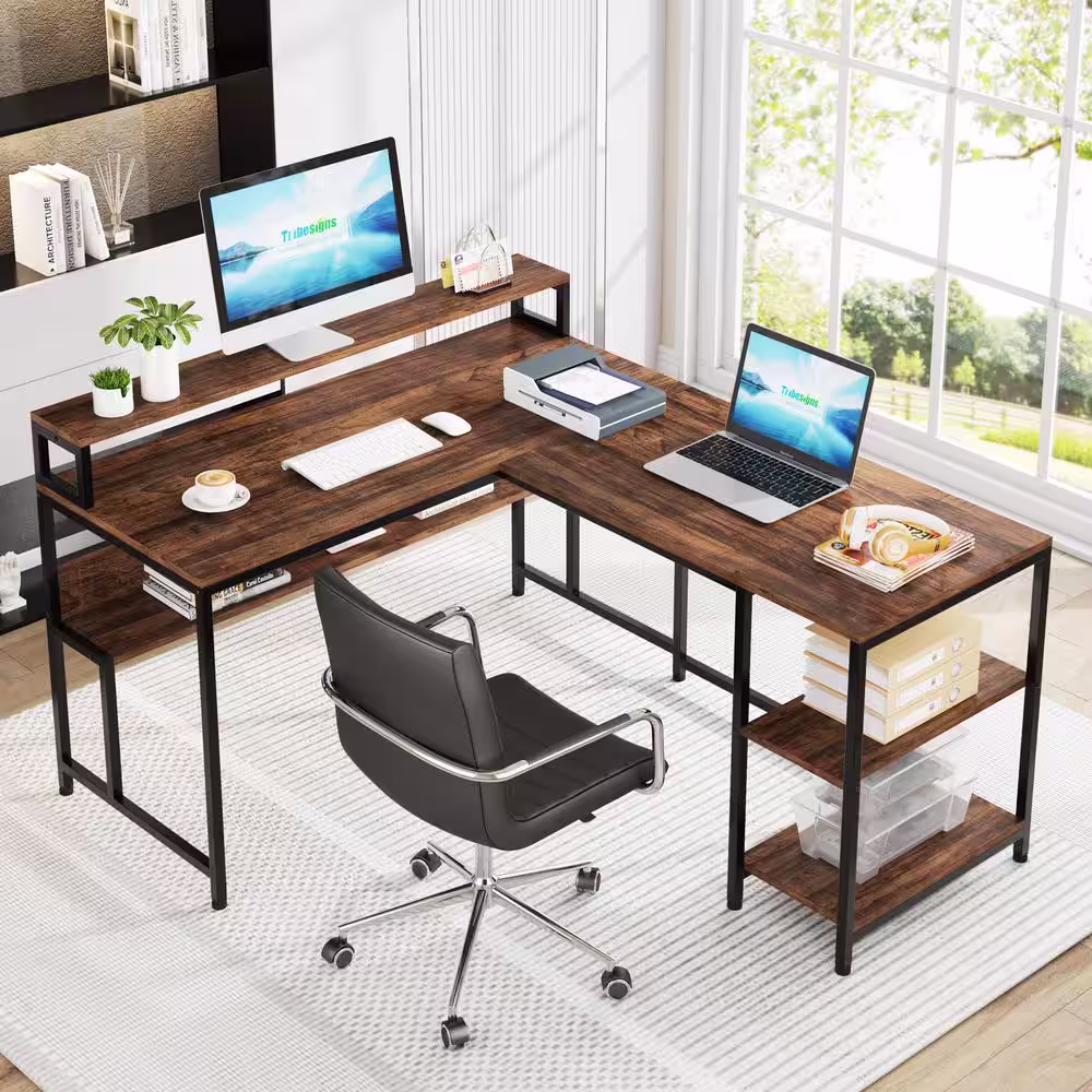 None Perry 59 in. L-Shaped Rustic Brown Wood Computer Desk with Storage Shelves