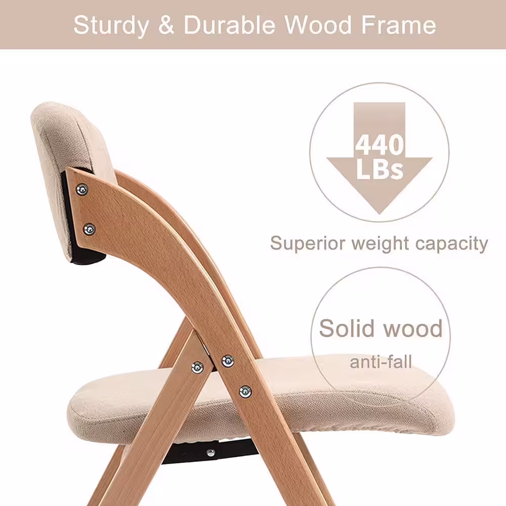 None Folding Wooden Stackable Dining Chairs with Khaki Padded Seats (Set of 2)