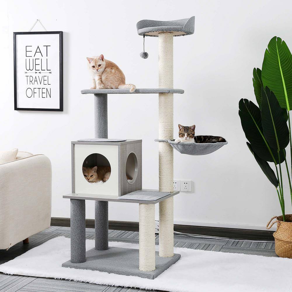 Foobrues Multi-Level Cat Tree Modern Cat Tower Wooden with Scratching Post Condo Hammock and Hanging Ball Grey