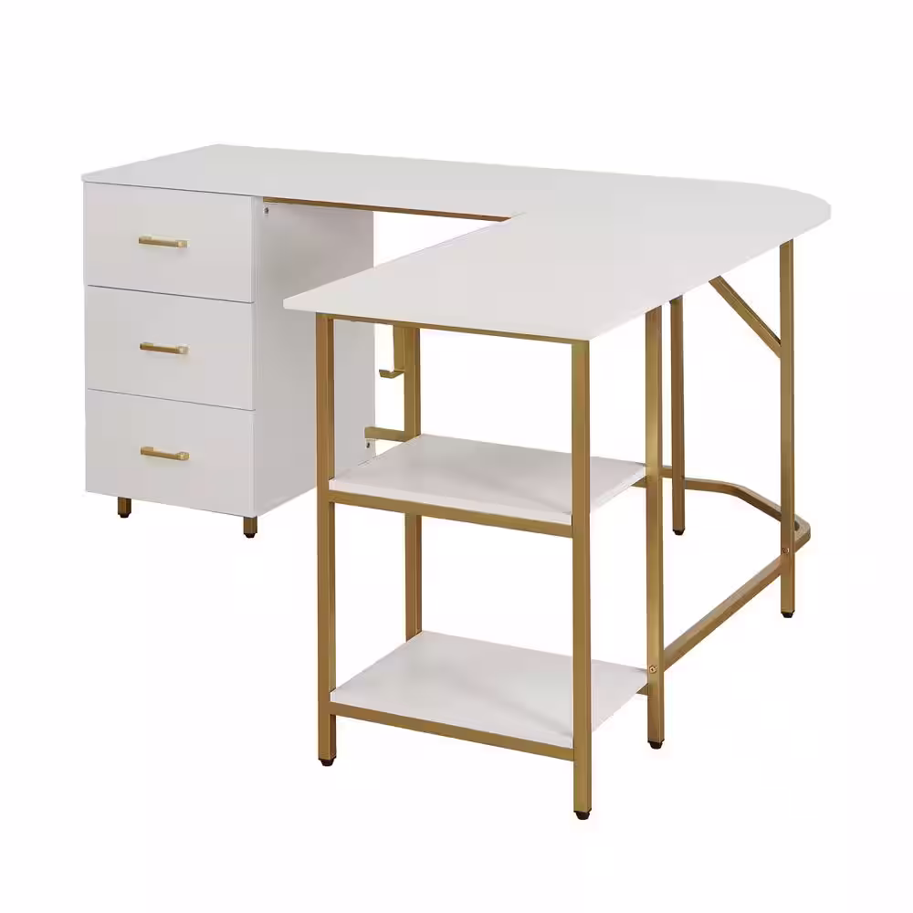 TECHNI MOBILI 59 in. W L-Shape Gold Home Office Two-Tone Desk with Storage Computer Desk