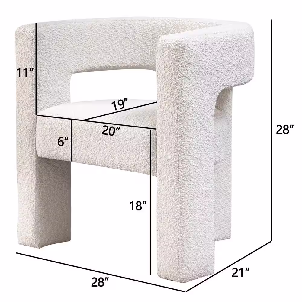 KINWELL White 28 in. Wide Boucle Upholstered Square Armchair