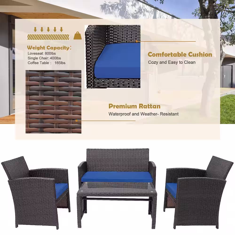 Costway Brown 4-Piece Rattan Furniture Set Patio Conversation Set with Navy Cushions
