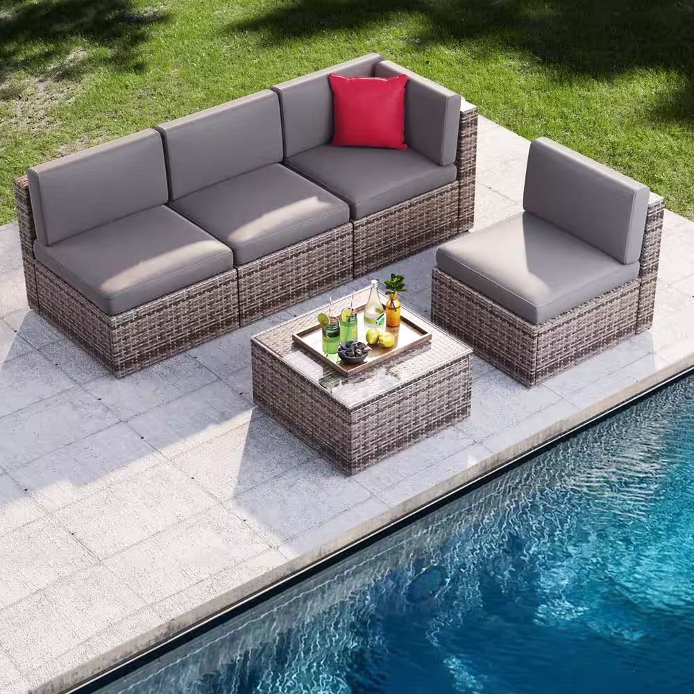 None 5-Piece Wicker Patio Set Conversation Set with Coffee Table, Grey Cushion