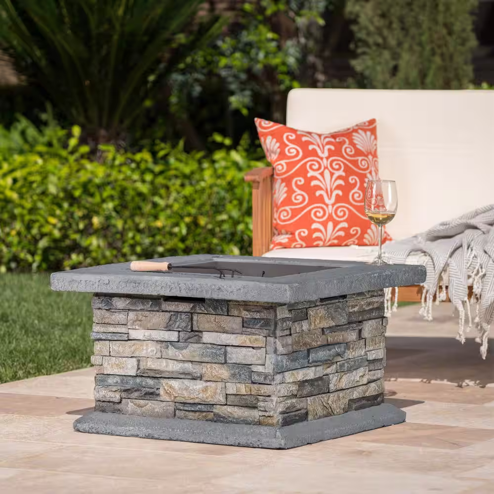 Noble House Crestline 29.00 in. x 17.10 in. Square Natural Stone Fire Pit