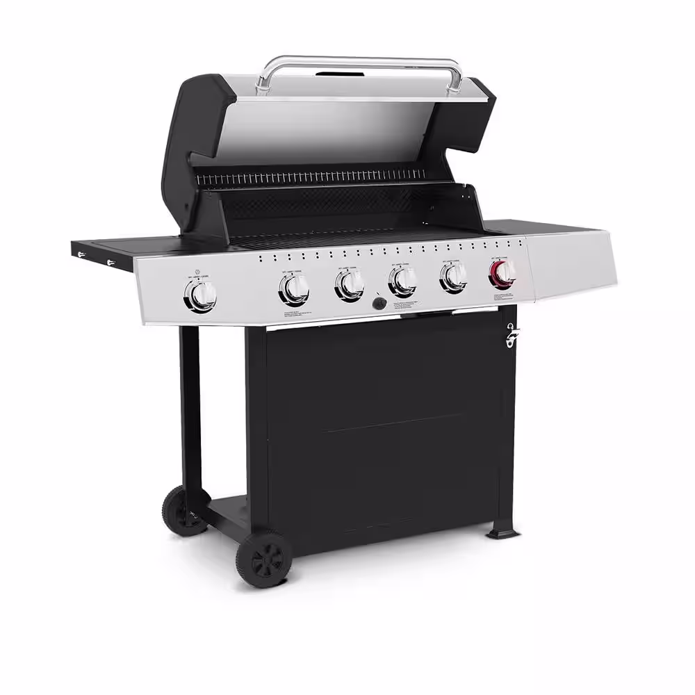 GrillPro 5-Burner Propane Gas Grill Cart in Stainless Steel and Black with Side Burner