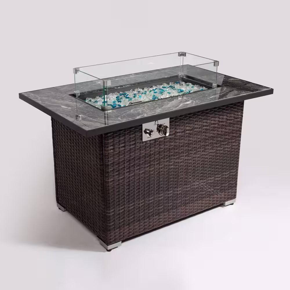 None Espresso Wicker Concrete 44 in. Outdoor Fire Pit Table with Ceramic Tabletop Gas
