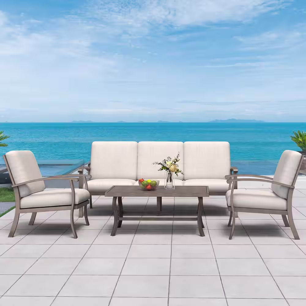 None 5-Person Aluminum Patio Conversation Set with Coffee Table and Light Gray Cushions