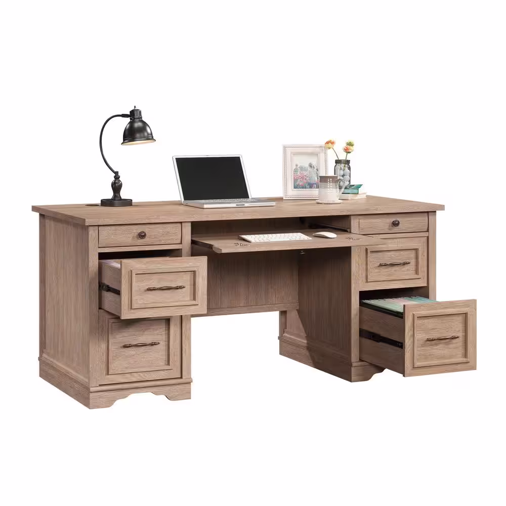SAUDER Rollingwood Country 65.984 in. Brushed Oak 7-Drawer Executive Desk with Keyboard Shelf