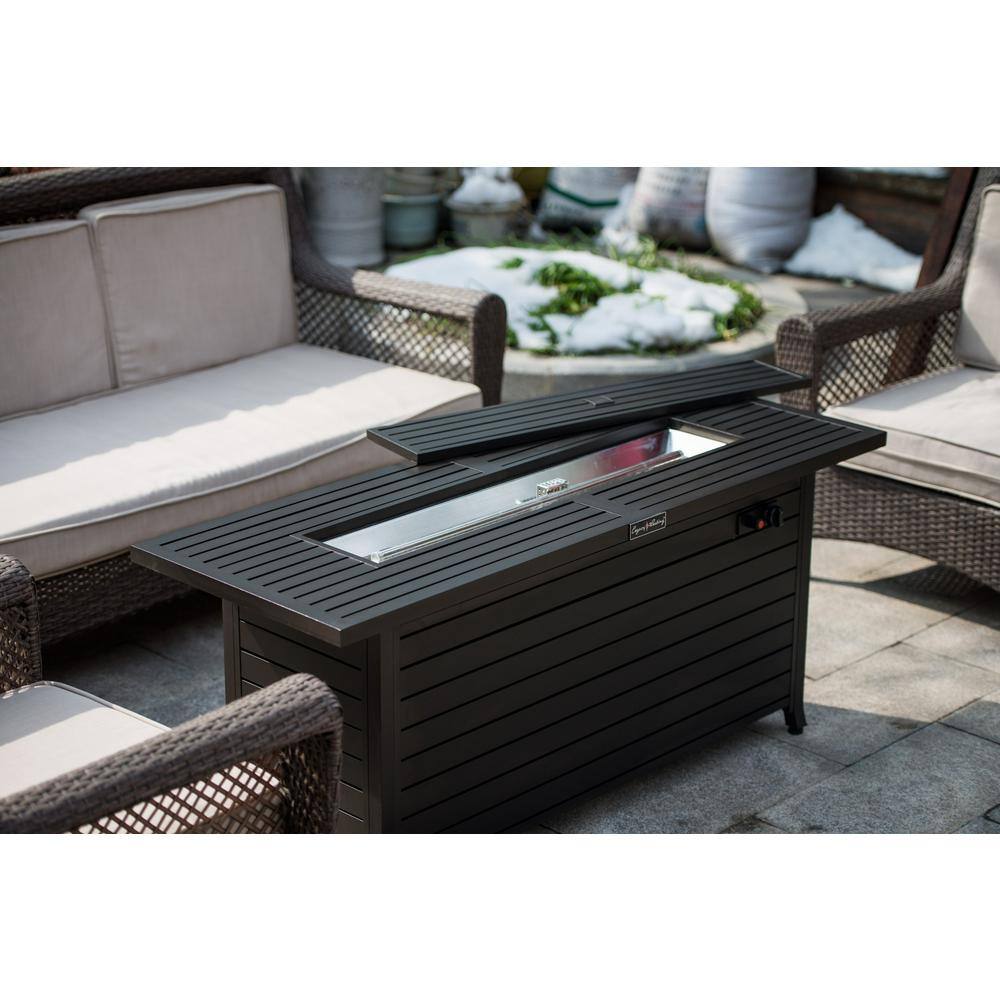 None 57 in. x 21 in. Rectangular Steel Gas Propane Fire Pit Table in Black with Lid, Fire Glass, for Garden Backyard Deck
