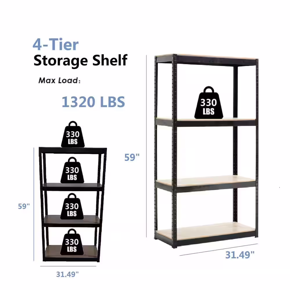 None Black Heavy Duty 4-Tier Steel Frame Shelving Unit (31.47 in. W x 59 in. H x 14.47 in. D)